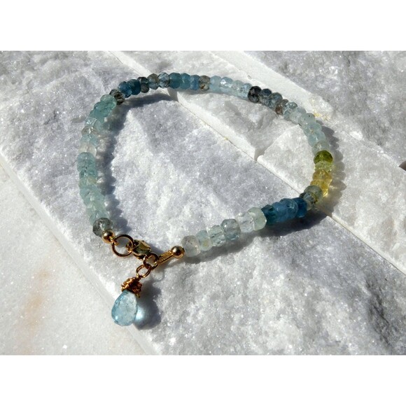 Natural Moss Aquamarine - Gold - Beaded Bracelet March Birthstone - Picture 8 of 8